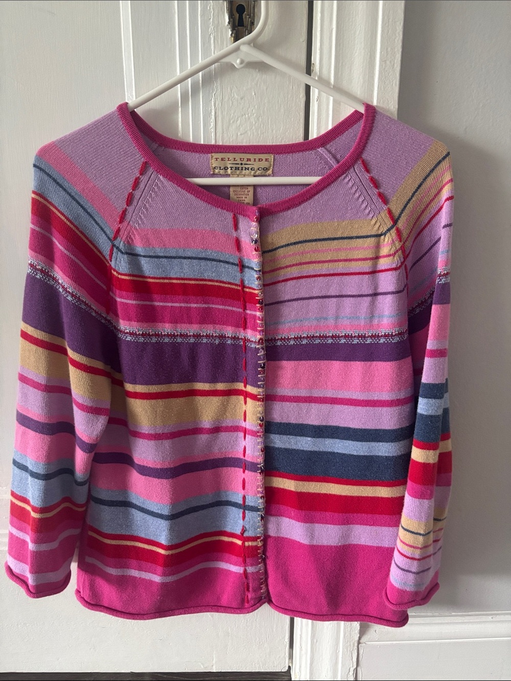 Telluride Women's Pink Multi-Stripe Button Cardigan Sweater